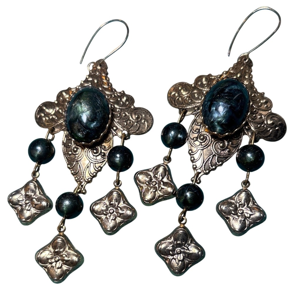 VTG Style Vintorian Filigree Chandelier Earrings Greenโ Iridescent Cabochon 72mm